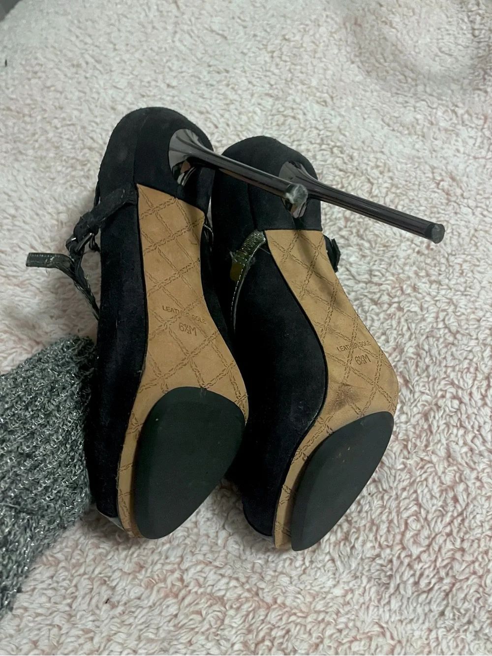 L.A.M.B. Peggy Oil slick and suede high heels platform iridescent